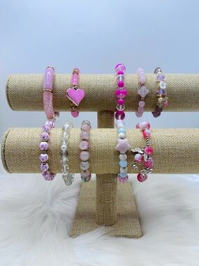 Pink Theme Beaded Bracelet Bundle | 10 Assorted Stretch Bracelets